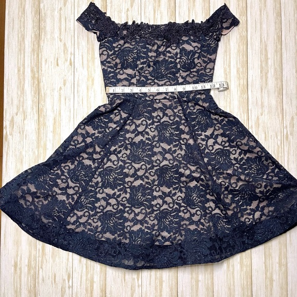 Sequin Hearts Off the Shoulder Navy Short Formal/cocktail Glitter Lace Dress 0 - Picture 7 of 9